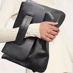 Vegan Leather Croc-Embossed Oversized Black Clutch With Crossbody Strap + Dusty